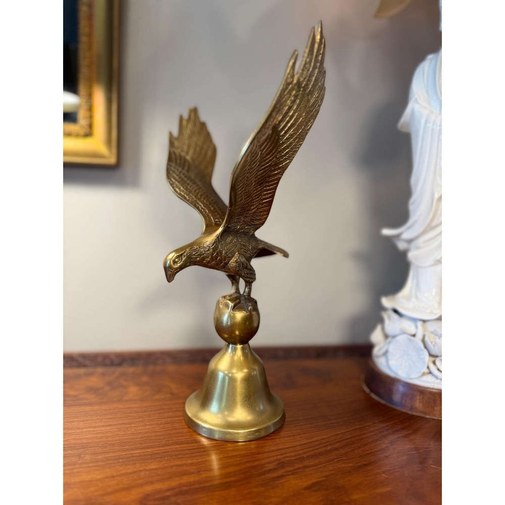 Solid Brass Eagle Sculpture • Vintage Paperweight Decor, Detailed Wings
